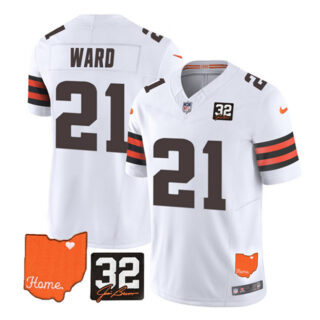 Men's Cleveland Browns #21 Denzel Ward White 2023 F.U.S.E. With Jim Brown Memorial Patch Vapor Untouchable Limited Stitched Jersey