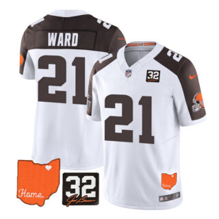 Men's Cleveland Browns #21 Denzel Ward White Brown 2023 F.U.S.E. With Jim Brown Memorial Patch Vapor Untouchable Limited Stitched Jersey
