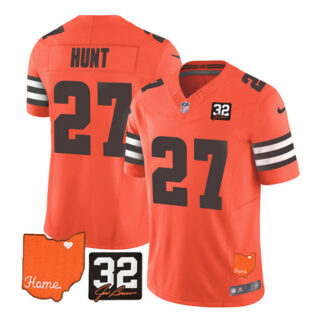 Men's Cleveland Browns #27 Kareem Hunt Orange 2023 F.U.S.E. With Jim Brown Memorial Patch Vapor Untouchable Limited Stitched Jersey