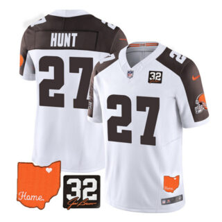 Men's Cleveland Browns #27 Kareem Hunt White Brown 2023 F.U.S.E. With Jim Brown Memorial Patch Vapor Untouchable Limited Stitched Jersey