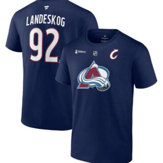 Men's Colorado Avalanche #92 Gabriel Landeskog Navy 2022 Stanley Cup Champions Authentic Stack Name & Number T-Shirt