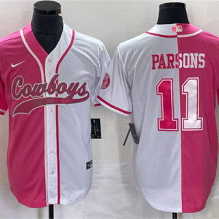 Men's Dallas Cowboys #11 Micah Parsons Pink White Split Cool Base Stitched Baseball Jersey