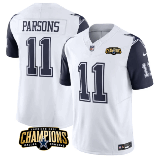 Men's Dallas Cowboys #11 Micah Parsons White Navy 2023 F.U.S.E. NFC East Champions Patch Stitched Football Jersey