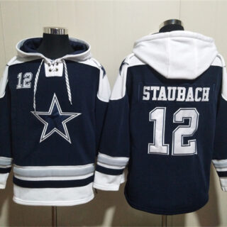 Men's Dallas Cowboys #12 Roger Staubach Navy Ageless Must-Have Lace-Up Pullover Hoodie