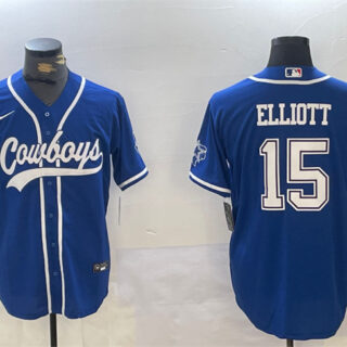 Men's Dallas Cowboys #15 Ezekiel Elliott Royal With Patch Cool Base Stitched Baseball Jersey