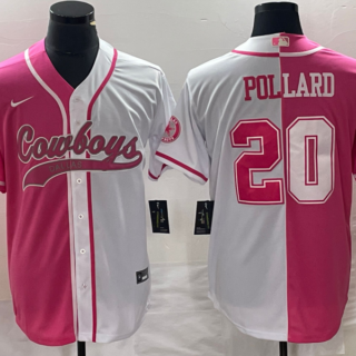 Men's Dallas Cowboys #20 Tony Pollard Pink White Split Cool Base Stitched Baseball Jersey