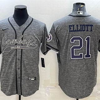 Men's Dallas Cowboys #21 Ezekiel Elliott Grey With Patch Cool Base Stitched Baseball JerseyS