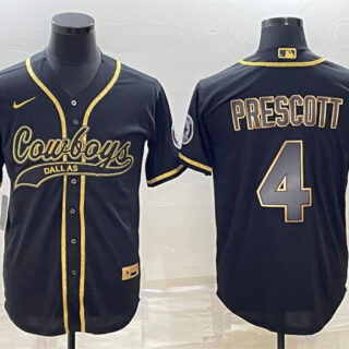 Men's Dallas Cowboys #4 Dak Prescott Black Gold With Patch Cool Base Stitched Baseball Jersey
