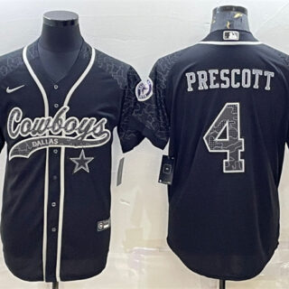 Men's Dallas Cowboys #4 Dak Prescott Black Reflective With Patch Cool Base Stitched Baseball Jersey