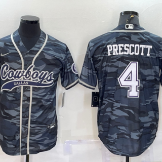 Men's Dallas Cowboys #4 Dak Prescott Grey Camo With Patch Cool Base Stitched Baseball Jersey