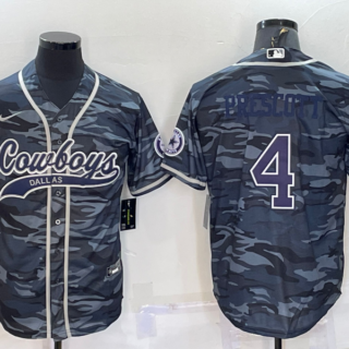 Men's Dallas Cowboys #4 Dak Prescott Grey Navy Camo With Patch Cool Base Stitched Baseball Jersey