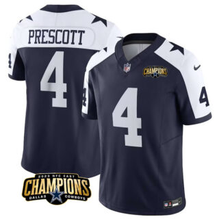 Men's Dallas Cowboys #4 Dak Prescott Navy White 2023 F.U.S.E. NFC East Champions Patch Stitched Football Jersey