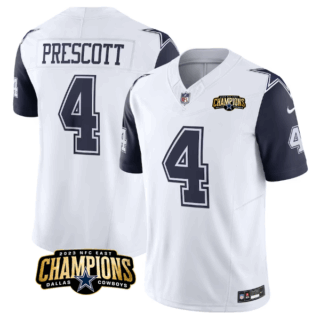 Men's Dallas Cowboys #4 Dak Prescott White Navy 2023 F.U.S.E. NFC East Champions Patch Stitched Football Jersey