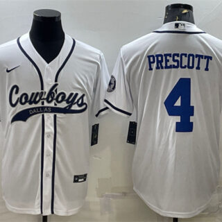 Men's Dallas Cowboys #4 Dak Prescott White With Patch Cool Base Stitched Baseball Jersey