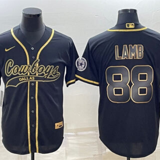 Men's Dallas Cowboys #88 CeeDee Lamb Black Gold With Patch Cool Base Stitched Baseball Jersey