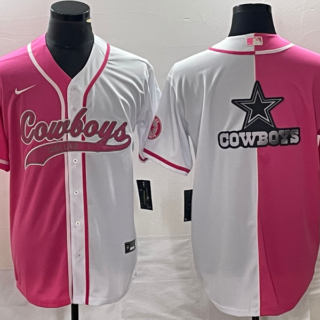 Men's Dallas Cowboys Pink White Split Team Big Logo Cool Base Stitched Baseball Jersey