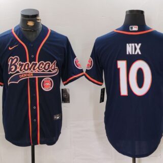 Men's Denver Broncos #10 Bo Nix Navy Cool Base Stitched Baseball Jersey