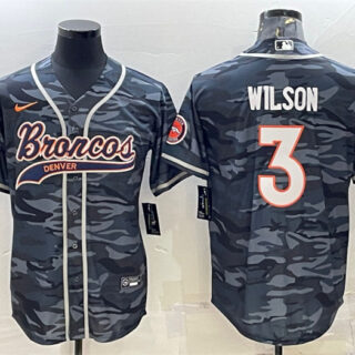 Men's Denver Broncos #3 Russell Wilson Grey Camo With Patch Cool Base Stitched Baseball Jersey
