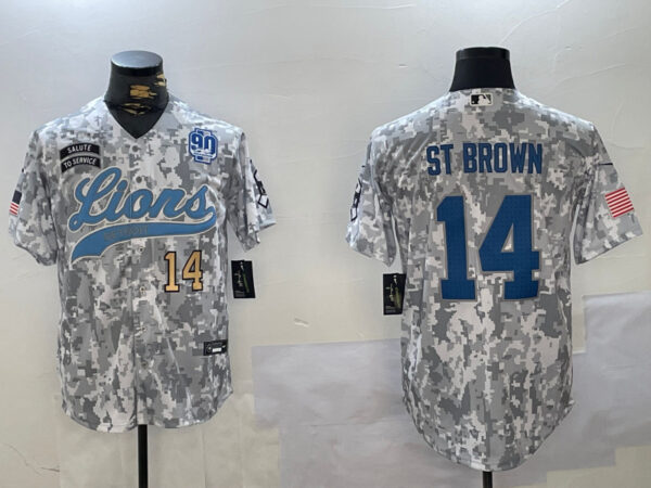 Men's Detroit Lions #14 Amon-Ra St. Brown 2024 Arctic Camo Salute To Service Stitched Baseball Jerseys