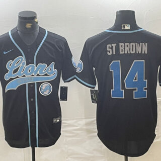 Men's Detroit Lions #14 Amon-Ra St. Brown Black Cool Base Stitched Baseball Jerseys