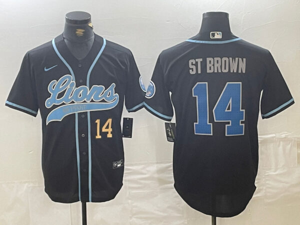 Men's Detroit Lions #14 Amon-Ra St. Brown Black Cool Base Stitched Baseball Jerseys