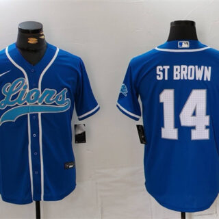 Men's Detroit Lions #14 Amon-Ra St. Brown Blue Cool Base Stitched Baseball Jersey