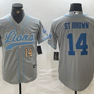 Men's Detroit Lions #14 Amon-Ra St. Brown Grey Cool Base Stitched Baseball Jerseys