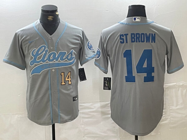 Men's Detroit Lions #14 Amon-Ra St. Brown Grey Cool Base Stitched Baseball Jerseys