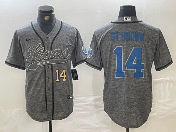 Men's Detroit Lions #14 Amon-Ra St. Brown Grey Cool Base Stitched Baseball Jerseys