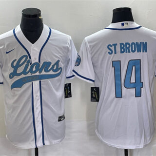 Men's Detroit Lions #14 Amon-Ra St. Brown White Cool Base Stitched Baseball Jersey