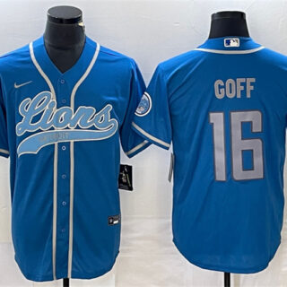 Men's Detroit Lions #16 Jared Goff Blue Cool Base Stitched Baseball Jersey
