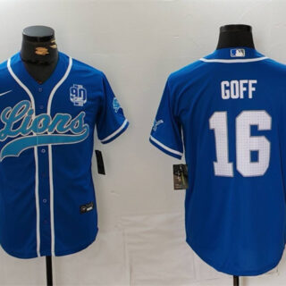 Men's Detroit Lions #16 Jared Goff Blue With 90th Anniversary Patch Cool Base Stitched Baseball Jersey