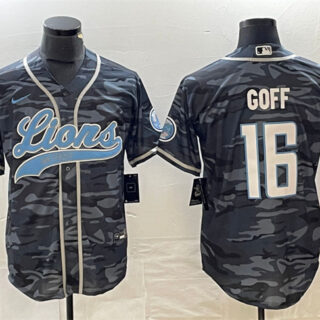 Men's Detroit Lions #16 Jared Goff Grey Camo Cool Base Stitched Baseball Jersey