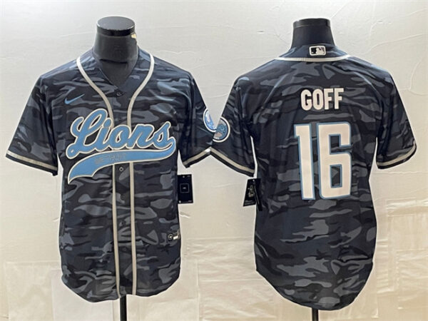 Men's Detroit Lions #16 Jared Goff Grey Camo Cool Base Stitched Baseball Jersey