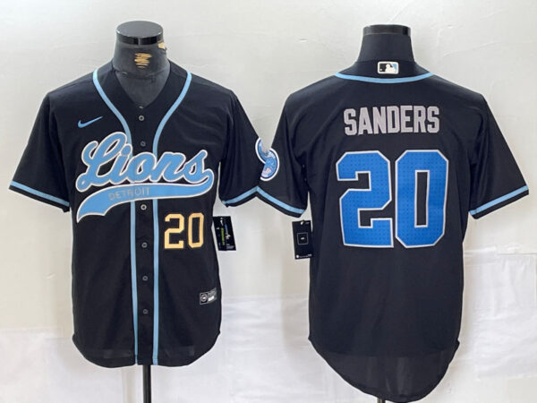 Men's Detroit Lions #20 Barry Sanders Black Cool Base Stitched Baseball Jerseys
