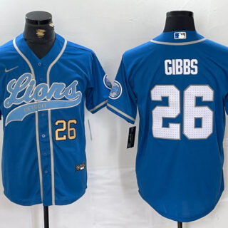Men's Detroit Lions #26 Jahmyr Gibbs Blue Cool Base Stitched Baseball Jerseys