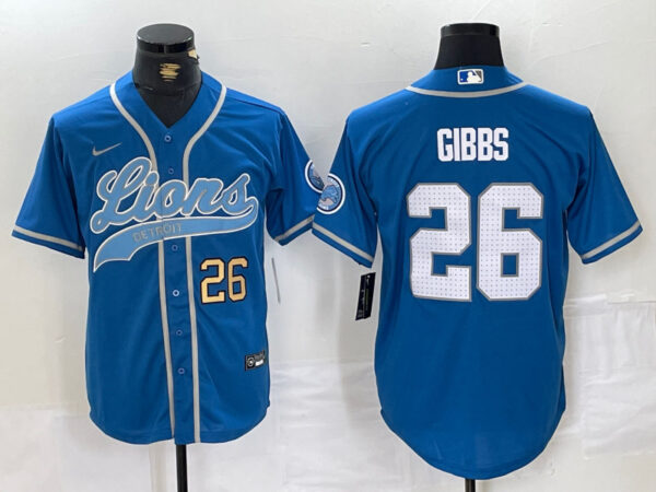 Men's Detroit Lions #26 Jahmyr Gibbs Blue Cool Base Stitched Baseball Jerseys