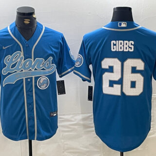 Men's Detroit Lions #26 Jahmyr Gibbs Blue Cool Base Stitched Baseball Jersey