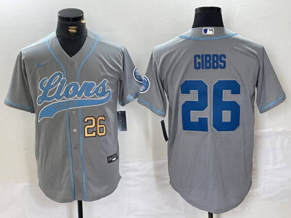 Men's Detroit Lions #26 Jahmyr Gibbs Grey Cool Base Stitched Baseball Jerseys