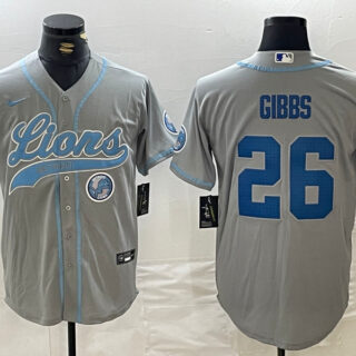 Men's Detroit Lions #26 Jahmyr Gibbs Grey Cool Base Stitched Baseball Jersey