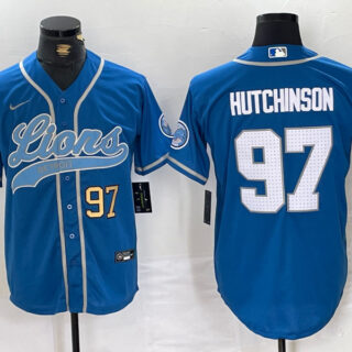 Men's Detroit Lions #97 Aidan Hutchinson Blue Cool Base Stitched Baseball Jerseys