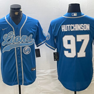 Men's Detroit Lions #97 Aidan Hutchinson Blue Cool Base Stitched Baseball Jerseys