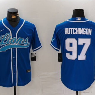 Men's Detroit Lions #97 Aidan Hutchinson Blue Cool Base Stitched Baseball Jersey