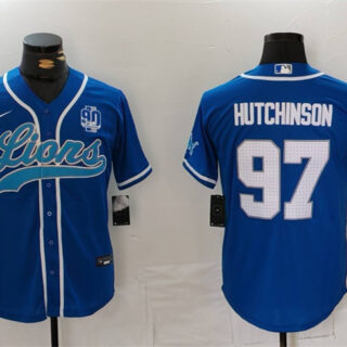 Men's Detroit Lions #97 Aidan Hutchinson Blue With 90th Anniversary Patch Cool Base Stitched Baseball Jersey