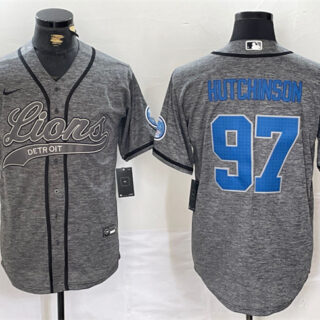 Men's Detroit Lions #97 Aidan Hutchinson Grey Cool Base Stitched Baseball Jersey