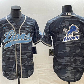 Men's Detroit Lions Grey Camo Team Big Logo Cool Base Stitched Baseball Jersey