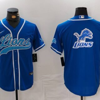 Men's Detroit Lions Team Big Logo Blue Cool Base Stitched Baseball Jersey