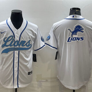 Men's Detroit Lions White Team Big Logo With Patch Cool Base Stitched Baseball Jersey