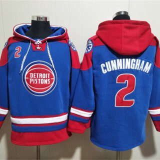 Men's Detroit Pistons #2 Cade Cunningham Blue Red Lace-Up Pullover Hoodie