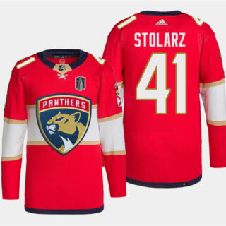 Men's Florida Panthers #41 Anthony Stolarz Red 2024 Stanley Cup Final Patch Stitched Jersey